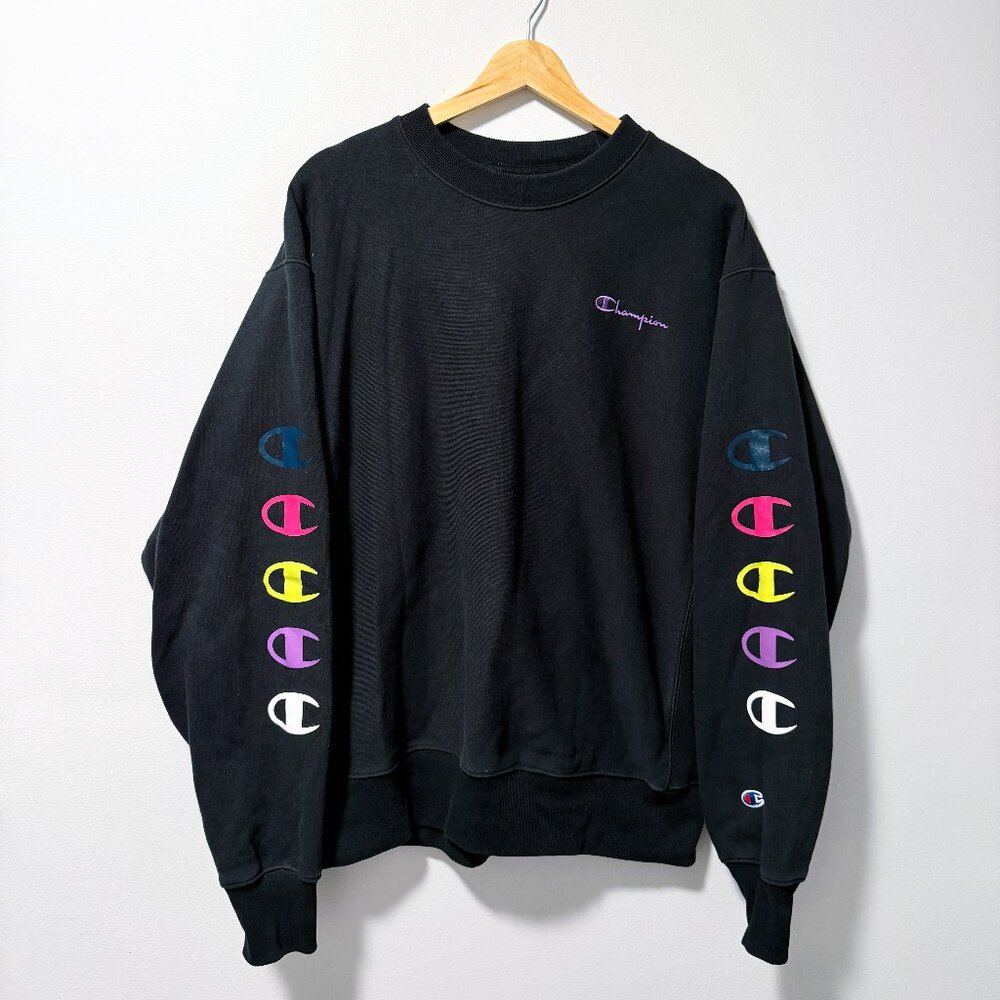 Champion Reverse Weave Black Rainbow Sleeve Logo Sweatshirt - Womens L
